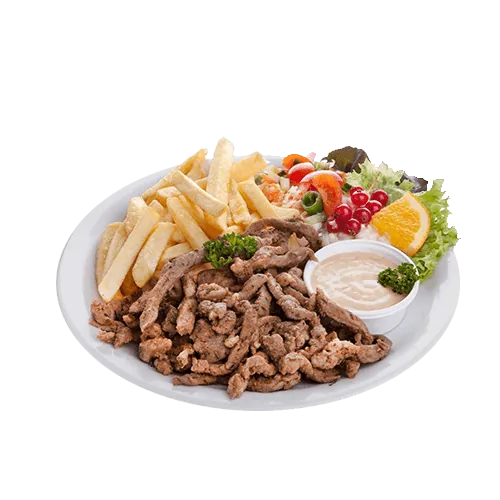 Shoarma schotel met friet, rauwkost en saus